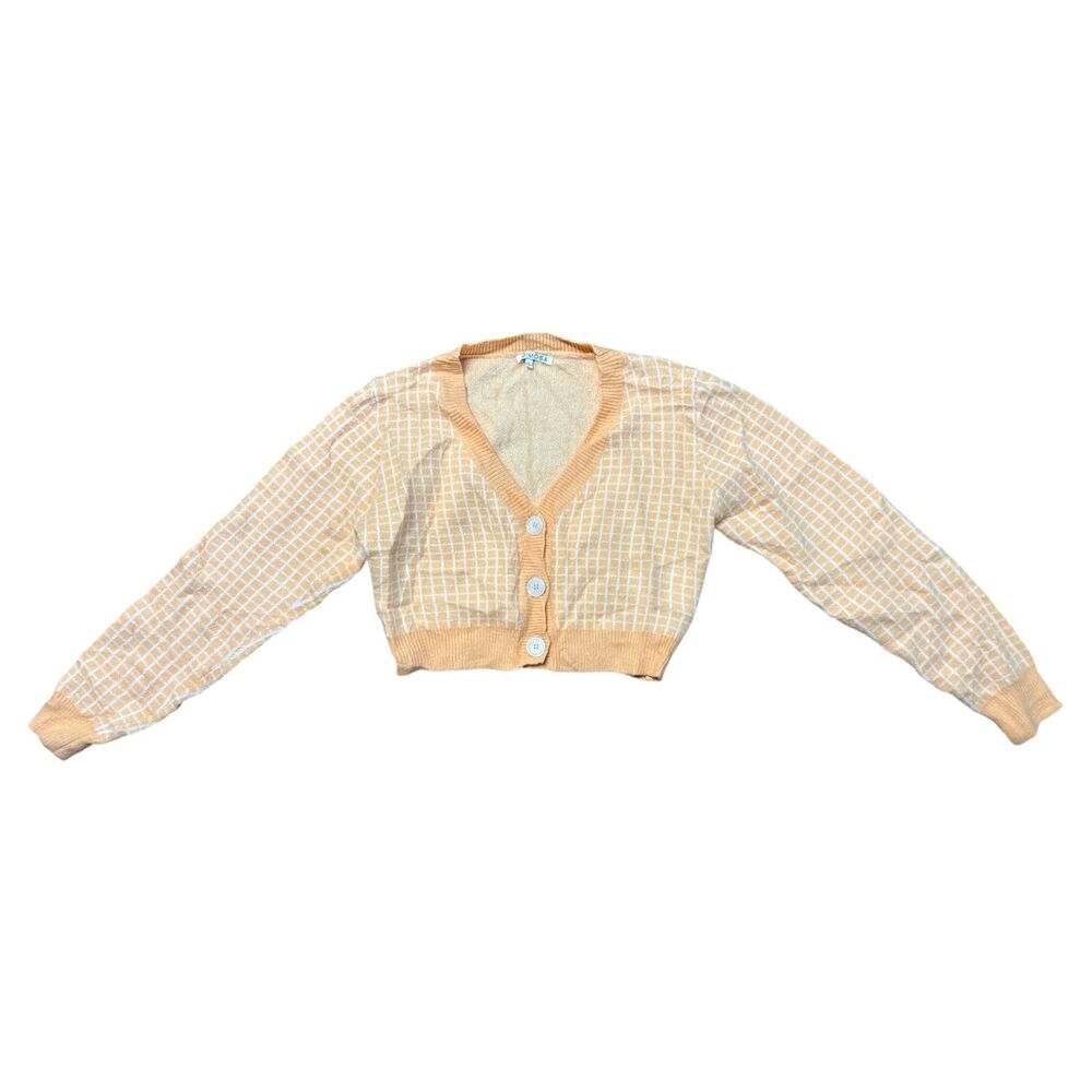 MIMOSA, Women's Cropped Button Down Sweater, Orange & White Plaid, Large, Used
